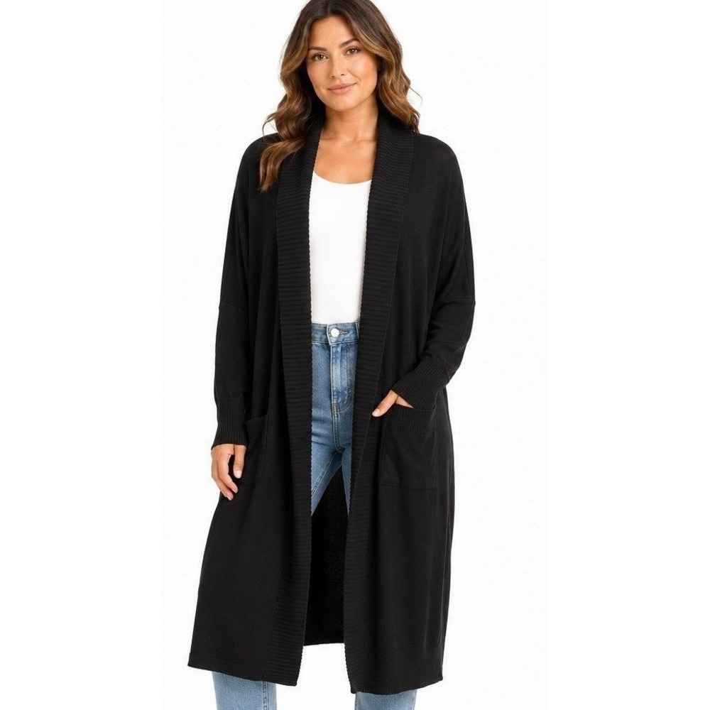 Sucolan Black Longline Open Front Duster Cardigan Sweater with Pockets | XL